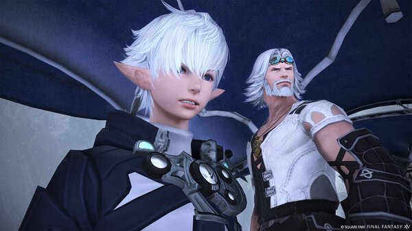 Screenshot of FINAL FANTASY XIV Online showing two characters with white hair and detailed costumes under a canopy.