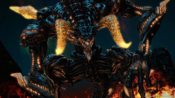 Screenshot from FINAL FANTASY XIV Online showing a fiery, horned demon-like boss with glowing features in a dark, intense setting.
