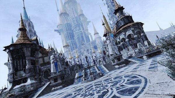 Screenshot from FINAL FANTASY XIV Online showing a grand, ornate castle with towering spires and intricate architectural details.