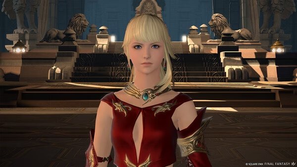 Screenshot from FINAL FANTASY XIV Online showing a character in a red and gold outfit standing in an ornate hall with lion statues.