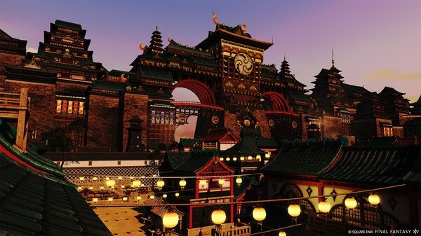 A FINAL FANTASY XIV Online screenshot showing a detailed, ornate cityscape with lanterns and a large, intricate gate at sunset.