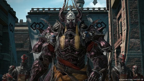 Screenshot from FINAL FANTASY XIV Online showing a heavily armored character with a horned helmet standing in a medieval city.