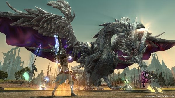 FINAL FANTASY XIV Online screenshot showing players battling a large dragon in a fantasy landscape.