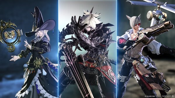 Screenshot from FINAL FANTASY XIV Online showing three characters in detailed gear: a mage, a dark knight, and a machinist.