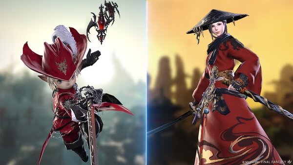 Screenshot from FINAL FANTASY XIV Online showing two characters in red outfits, one with a sword and the other with a hat and robe.