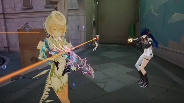 Screenshot from Strinova showing a character in ornate armor battling two opponents in a courtyard, with laser beams exchanged.
