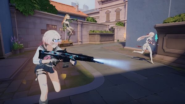 Strinova screenshot: Three characters in futuristic outfits and weapons engage in a battle in a courtyard with stone walls and greenery.