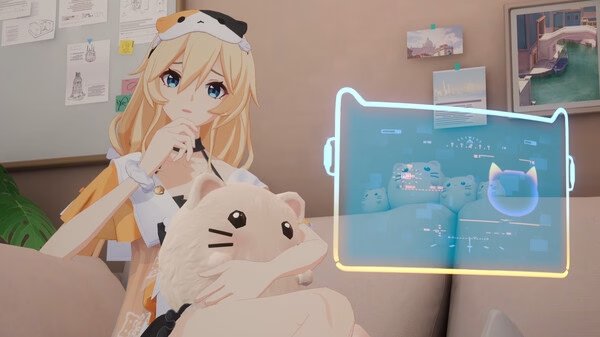 Strinova screenshot: A character with cat-themed accessories sits on a couch, holding a plush toy, with a holographic screen displayed nearby.