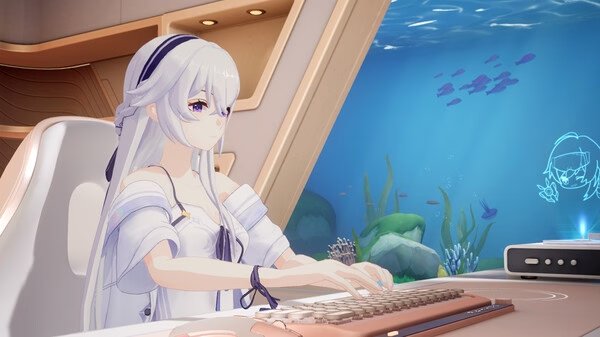 Strinova screenshot: A character with long white hair plays a keyboard in an underwater-themed room with fish swimming outside the window.