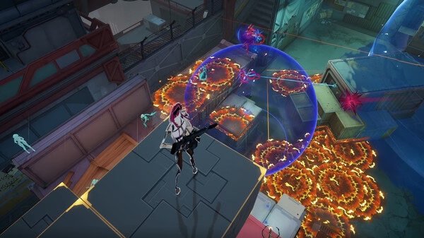 A Strinova screenshot shows a character with a weapon on a ledge overlooking a chaotic battle scene with explosions and energy shields.