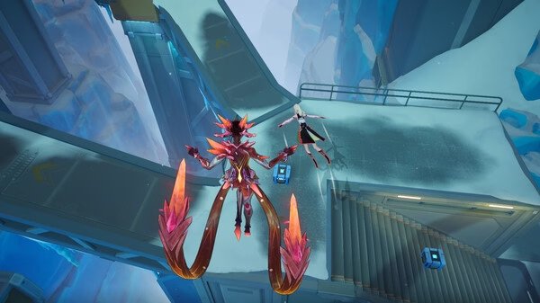 Strinova screenshot: A fiery creature battles a humanoid figure on a snowy platform surrounded by icy structures.