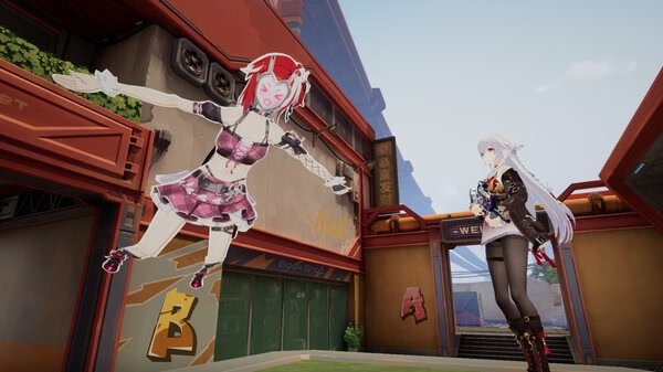 Strinova screenshot: A red-haired character floats mid-air near a futuristic building, while a white-haired figure stands nearby.