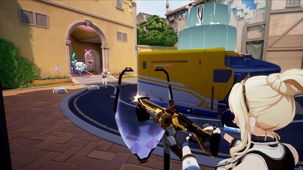 Strinova screenshot: A character with a bow faces an enemy near a yellow truck in a plaza with a fountain and buildings.