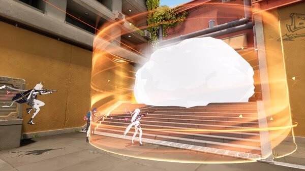 Strinova screenshot: Three characters engage in combat near stairs as a glowing orange shield encircles the area.