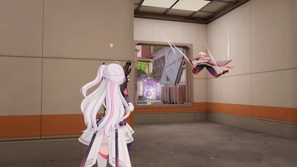 Screenshot from Strinova: A character with long white hair aims at a flying enemy in a futuristic corridor.