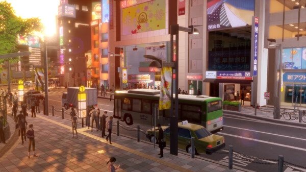 A vibrant city street from Digimon Story Time Stranger shows pedestrians, a bus, and a taxi in this lively game screenshot.