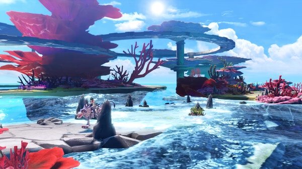 Screenshot from Digimon Story Time Stranger showing a vibrant coral reef landscape with winding pathways under a sunny sky.