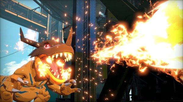 Screenshot from Digimon Story Time Stranger showing a Digimon breathing fire in an industrial setting.