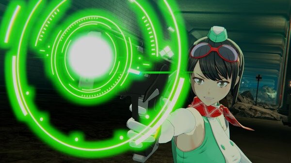 Screenshot from Digimon Story Time Stranger showing a character aiming a futuristic gun with green digital effects in a tunnel.