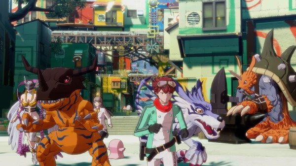 Screenshot from Digimon Story Time Stranger showing a group of Digimon and their human partner in a colorful urban environment.