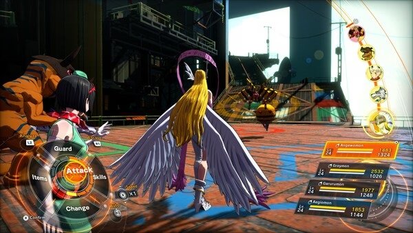 Screenshot from Digimon Story Time Stranger showing a battle scene with Digimon and character commands on the screen.