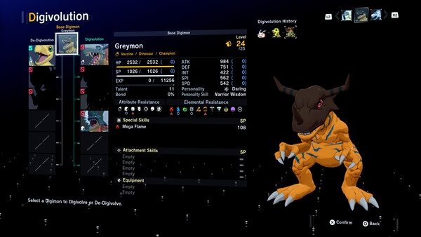 Screenshot from Digimon Story Time Stranger showing Greymon’s stats and digivolution options on a detailed character menu.