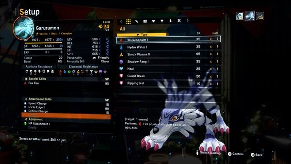 Screenshot from Digimon Story Time Stranger showing Garurumon’s setup screen with stats, equipped skills, and attack details.