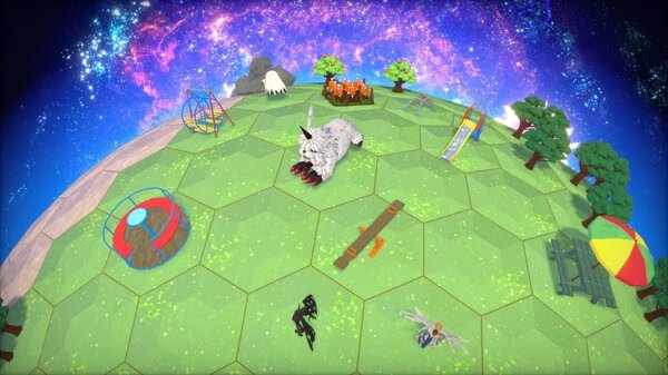 Screenshot from Digimon Story Time Stranger showing a hexagonal grassy terrain with playground equipment and a large creature.