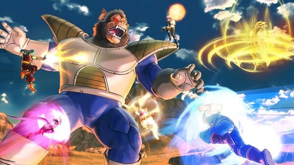 DRAGON BALL XENOVERSE 2 screenshot showing a giant ape in armor battling multiple fighters using energy attacks in a desert-like arena.