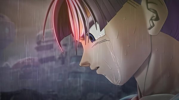 A DRAGON BALL XENOVERSE 2 screenshot showing a close-up of a character with tears in the rain, looking thoughtful and intense.