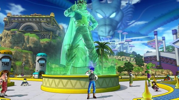 Screenshot from DRAGON BALL XENOVERSE 2 showing a character posing in front of a large holographic statue in a vibrant cityscape.
