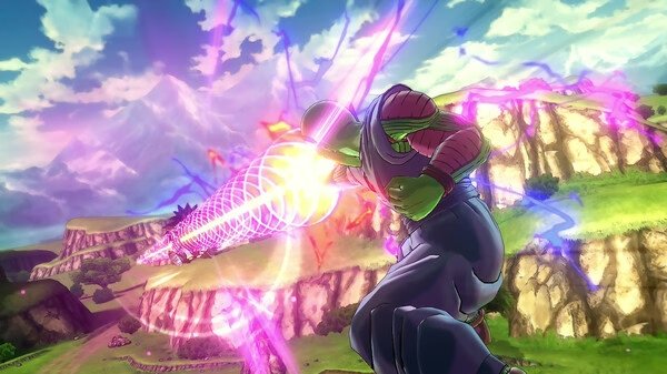 A DRAGON BALL XENOVERSE 2 screenshot showing a character in a dynamic pose, surrounded by colorful energy on a scenic landscape.