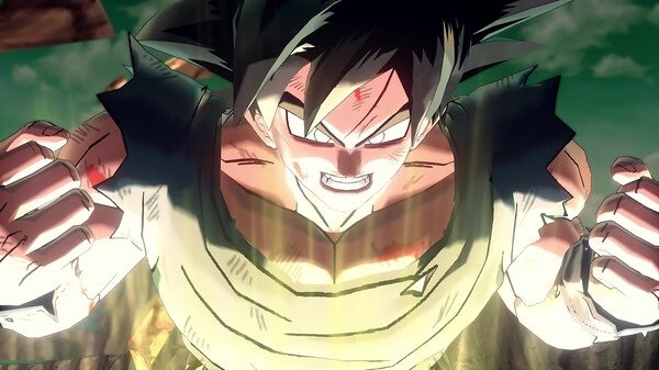 Screenshot from DRAGON BALL XENOVERSE 2 showing a character powering up with glowing energy and intense expression.