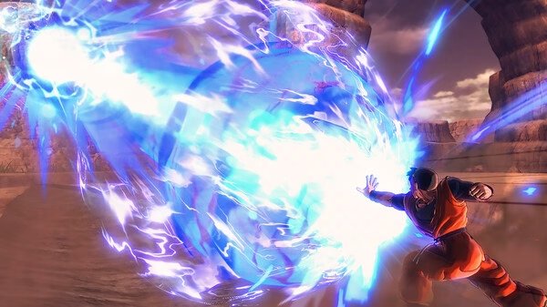 Screenshot from DRAGON BALL XENOVERSE 2: A character in orange attire unleashes a massive blue energy blast in a rocky landscape.
