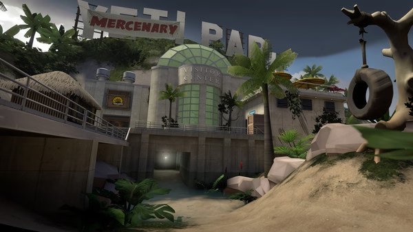 Team Fortress 2 screenshot of the Yeti Park map, showing the Visitor Center entrance surrounded by lush vegetation and signage.