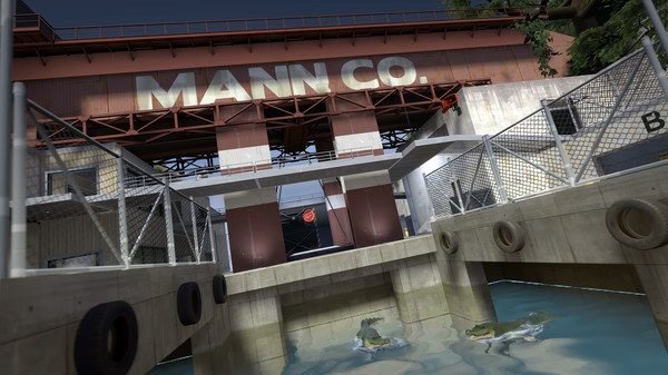 Screenshot of Team Fortress 2 showing the exterior of a Mann Co. building with a waterway and crocodiles below.