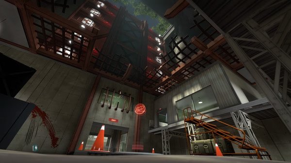 Team Fortress 2 screenshot showing an industrial area with metal beams, orange cones, and a glowing red exit sign above a doorway.