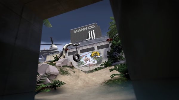 Team Fortress 2 screenshot showing a sandy path leading to a Mann Co. building, surrounded by greenery and a hanging tire swing.