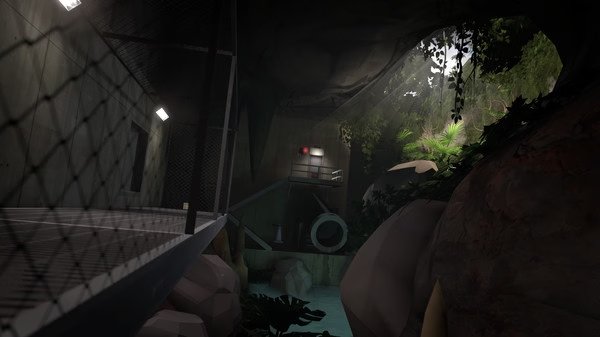 Screenshot from Team Fortress 2 showing a dimly lit cave with a metal walkway, lush vegetation, and a control room in the distance.