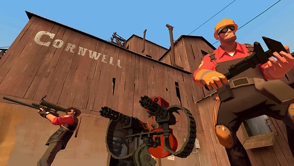 Team Fortress 2 screenshot showing an Engineer and a Sniper in front of a wooden building labeled "Cornwell" with turrets.