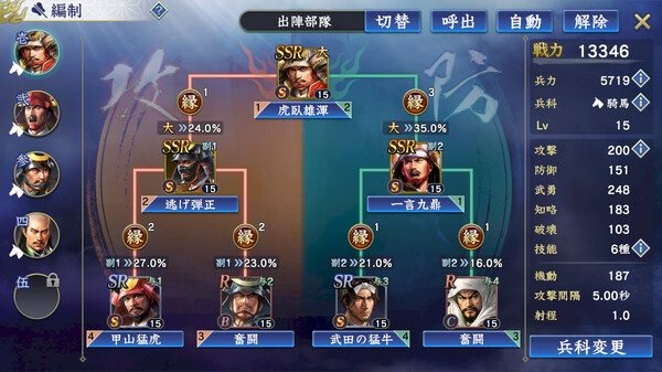 Screenshot of NOBUNAGA'S AMBITION: Hadou showing a character selection menu with various stats and character portraits.
