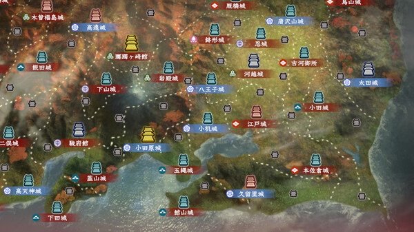 Screenshot of "NOBUNAGA'S AMBITION: Hadou" showing a strategic map with various castles and locations marked across a detailed terrain.