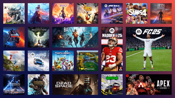 EA Play screenshot featuring a grid of various game covers, including sports, action, and adventure titles.