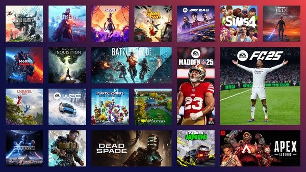EA Play screenshot featuring a grid of various game covers, including sports, action, and adventure titles.