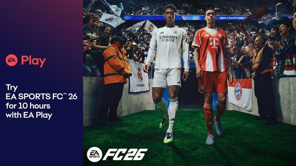EA Play screenshot: Two soccer players in white and red kits walk onto the field, surrounded by cheering fans.