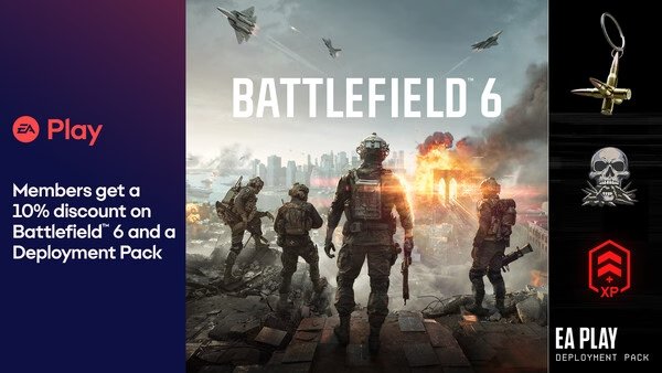EA Play screenshot: Soldiers stand on a battlefield with explosions in the background, promoting Battlefield 6 and special offers.