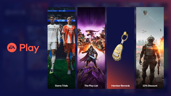 EA Play screenshot showing game trials with soccer players, a fantasy character, keychain, and a soldier offering discounts.
