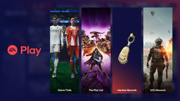 EA Play screenshot showing game trials with soccer players, a fantasy character, keychain, and a soldier offering discounts.