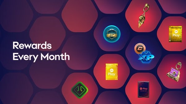 EA Play screenshot showcasing monthly rewards, including game packs, keychains, and XP icons on a hexagonal-patterned background.