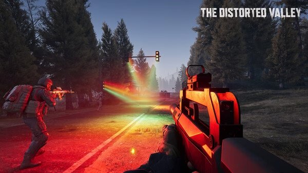 Screenshot from Arena Breakout: Infinite showing a player aiming a rifle at an opponent on a forested road at sunset.